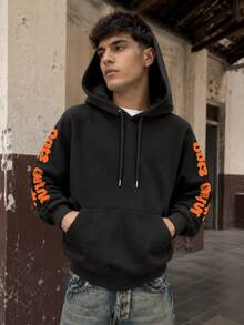 FRACTYR Men's Fun Hand-Drawn Graffiti Text Print Hoodie, American Streetwear Casual Pullover Top, Y2K Hip-Hop Style - Black - View 5