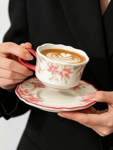 1 Set Pink Jade Flower Ceramic Cup And Saucer, Exquisite Floral Coffee Cup And Saucer, Afternoon Tea Exquisite Coffee Cup And Saucer Tableware, Gift Cup And Saucer, Suitable For Home, Restaurant, Coffee Shop, Dessert Shop, Gift, Gathering, Party - Pink - View 6