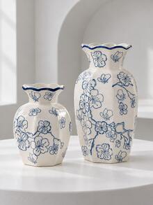 1pc Vintage Blue & White Ceramic Vase, Chinese Floral Pattern, Wavy Edge, Elegant Home Decor, Suitable For Fresh Flowers And Dried Flowers, Majlis, Living Room, Dining Table Centerpiece And Entryway, Ramadan Eid Housewarming Gift - Blue and White Joy - View 5