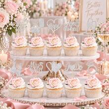 10/20PCS Silver Wedding Cupcake Toppers, Glitter Engagement Cake Picks With She Said Yes Ring Love He Asked I Do Designs, Bridal Shower Party Dessert Table Decorations - Silver - View 5