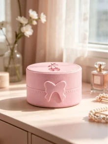 Cherry Pattern Round Portable Jewelry Box, Travel Organizer For Rings Earrings Necklaces,Circular Jewelry Box, Plastic Imitation Pattern Jewelry Storage Box, Single-Layer Bow, Solid Color Earrings, Student Jewelry Box - Multicolor - View 3