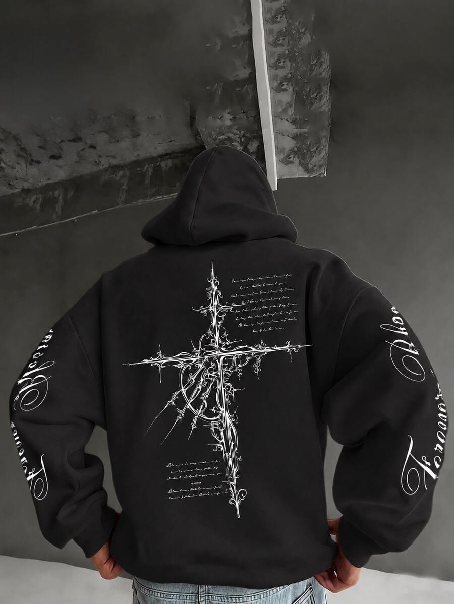 FRACTYR Men's Intricate Carved Gothic Cross Pattern Hooded Sweatshirt, Dark Streetwear Style Loose Casual Pullover - Black - View 1