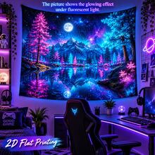 2D Flat Pattern, Single Piece, Mountain And Lake Reflection Tapestry, Snowy Mountain, Pine Forest, Starry Sky, Lake Reflection Pattern, Glows Under Fluorescent Light, Suitable For Wall Decor, Backdrop, Party Decoration - Multicolor - View 6