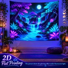 2D Flat Pattern, Single Piece, Moonlight Waterfall Forest Tapestry, Vibrant Trees, Full Moon, Multi-Layer Waterfall And Stream Design, Glows Under Fluorescent Light, Suitable For Wall Decor, Backdrop, Or Party Decoration - Multicolor - View 7