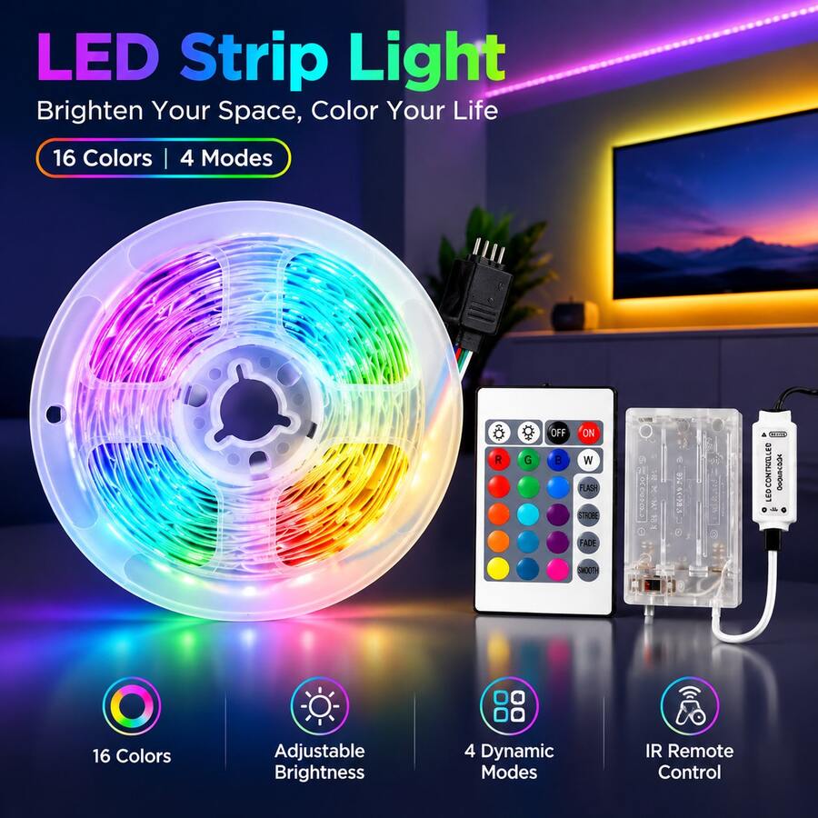 1 pieza Tira LED RGB autoadhesiva con control remoto de 24 teclas, luz ambiental cortable alimentada por batería para dormitorio, sala de juegos, boda, ventana & decoración DIY festiva (Baterías no incluidas) - Teclado de 24 teclas DCH - Ver 1