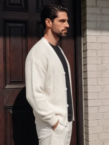 Men's Cardigan, Daily Commute Casual Streetwear Versatile Solid Color Minimalist Retro Japanese Korean Style Long Sleeve Loose V-Neck Button Up Sweater, Autumn/Winter - Beige - View 4