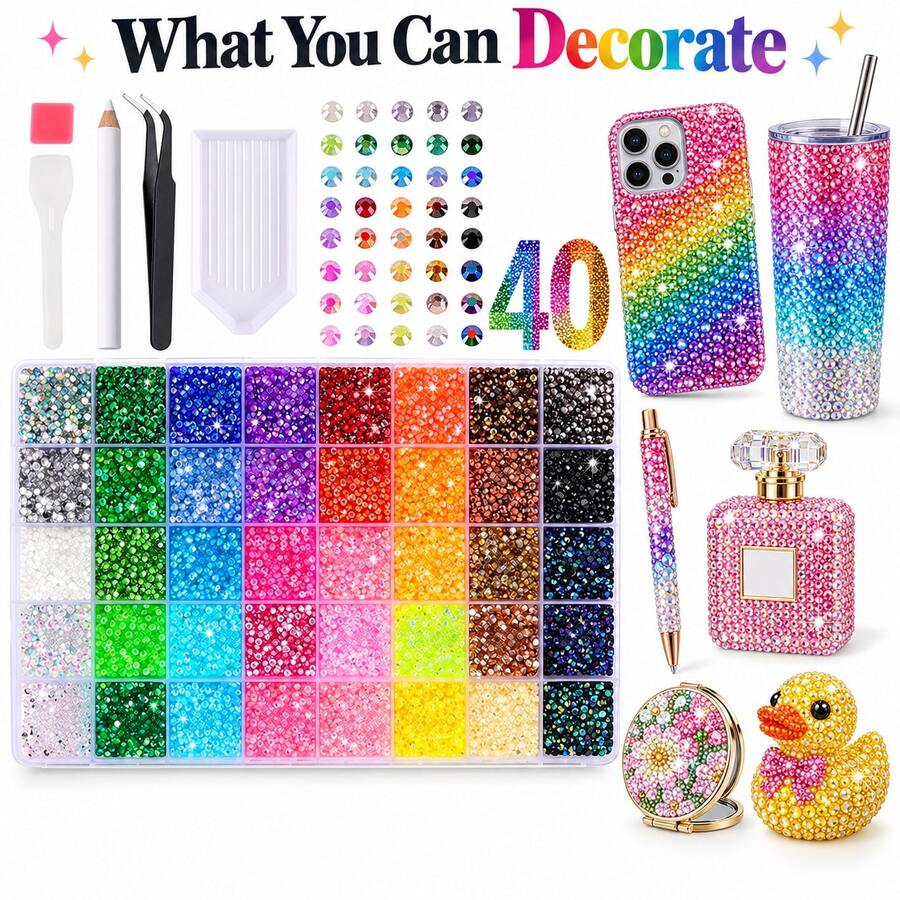 40 Color Box Flat Back Resin Rhinestones, DIY Rhinestone Craft Set, Decorate Cups, Phone Cases, Perfume Bottles, Makeup Mirrors, Bags And Clothing Modification, Creative Handmade Inlay Accessories - Multicolor - View 1