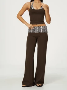 New Fall Styles For Women's Sexy High-Elasticity Crew Neck Tank Top & Snakeskin Print High-Waisted Wide-Leg Pants Two Pieces Set, Create A Fashionable - Coffee Brown - View 4
