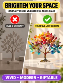 1pc 10.2 Inch Colorful Tree Of Life Decor, Acrylic Flat Translucent Leaf Sculpture With Transparent Oval Base, Waterproof Scratch-Resistant Desktop Ornament, Living Room Home Decor Light Catcher, Bedroom, Office Desk, Autumn Decoration And Housewarming Gift - Multiple Styles - View 8