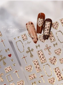 1 3D Leopard Print Cross Heart-Shaped Nail Art Luxury Sticker, Gold Border Retro Y2K Nail Art Decoration Sticker, Nail Charm Decoration Sticker - Multicolor - View 11