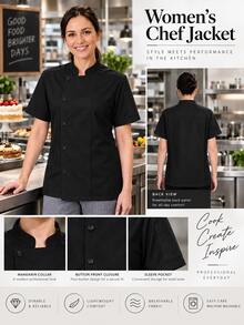 Women's Professional Black Chef Jacket, Classic Stand Collar Design, Woven Fabric, Regular Fit, Practical Workwear Fall - Black - View 8