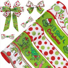 Funko 5 Styles Grinch Christmas Wired Ribbon, Green Monster Printed Wired Edge Ribbon For DIY Bows, Wreath & Gift Wrapping Decor - Single Piece - View 1