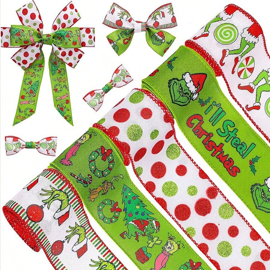 Funko 5 Styles Grinch Christmas Wired Ribbon, Green Monster Printed Wired Edge Ribbon For DIY Bows, Wreath & Gift Wrapping Decor - Single Piece - View 1