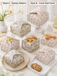 12pcs 2 Styles Floral Food Packaging Boxes, Vintage Pattern Snack Candy Cookie Pastry Gift Boxes For Bakery Cafe Party Takeaway Display - Multicolor - View 1