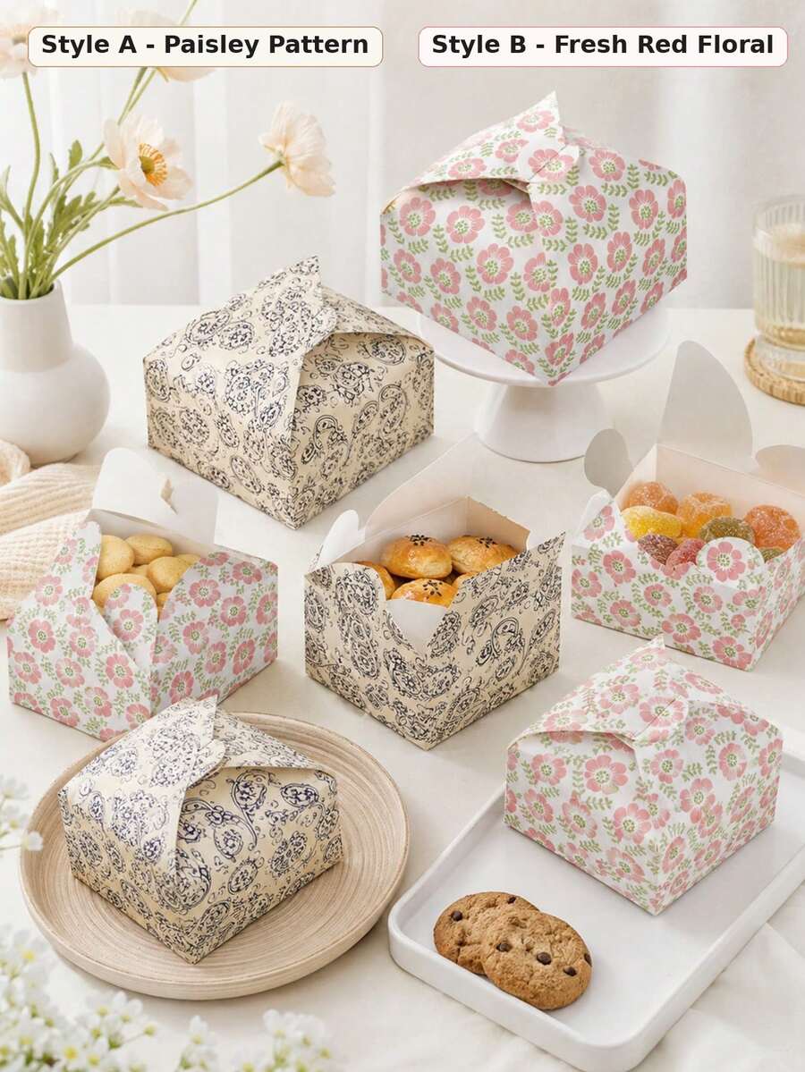 12pcs 2 Styles Floral Food Packaging Boxes, Vintage Pattern Snack Candy Cookie Pastry Gift Boxes For Bakery Cafe Party Takeaway Display - Multicolor - View 1