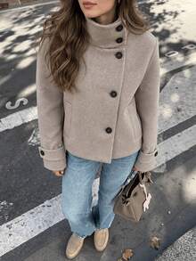 GDDYIN Women's Autumn New Vintage Commuter Stand Collar Short Wool Coat - Beige - View 3