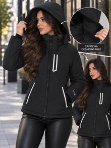 Chamarra Acolchada para Mujer de Invierno con Capucha Desmontable, Forro Interior Suave, Bolsillos con Cierre y Puños Ajustables, Chaqueta Cálida Casual Urbana - Negro - Ver 4