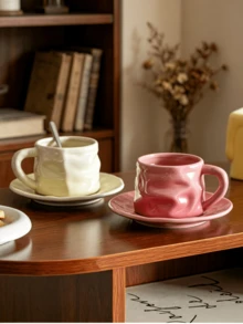 1 buah Mug Keramik Buatan Tangan dengan Desain Asimetris dan Tatakan, Cangkir Kopi Kreatif, Cangkir Susu dan Air untuk Rumah, Set Cangkir dan Tatakan Teh Sore, Hadiah yang Sangat Menarik - MultiWarna - View 5