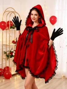 2pcs/Set Kostum Tema Pesta Liburan Little Red Riding Hood Dewasa Jubah Berkerudung Merah dan Sarung Tangan Hitam, Jubah Pendek Berhiaskan Renda Natal Warna Polos Poliester - MultiWarna - View 7