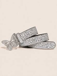 1pc Sequin Rhinestone Fashion Party Women's PU Leather Belt, Suitable For Carnival, Back To School, Christmas, Halloween And Daily Wear - Silver Butterfly - View 4
