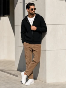 Men's Fashion Casual Versatile Solid Color Minimalist Zip-Up Sweatshirt Long Sleeve Loose Ribbed Hooded Sweatshirt Pocket Knit Sweatshirt Jacket Autumn/Winter - Black - View 5