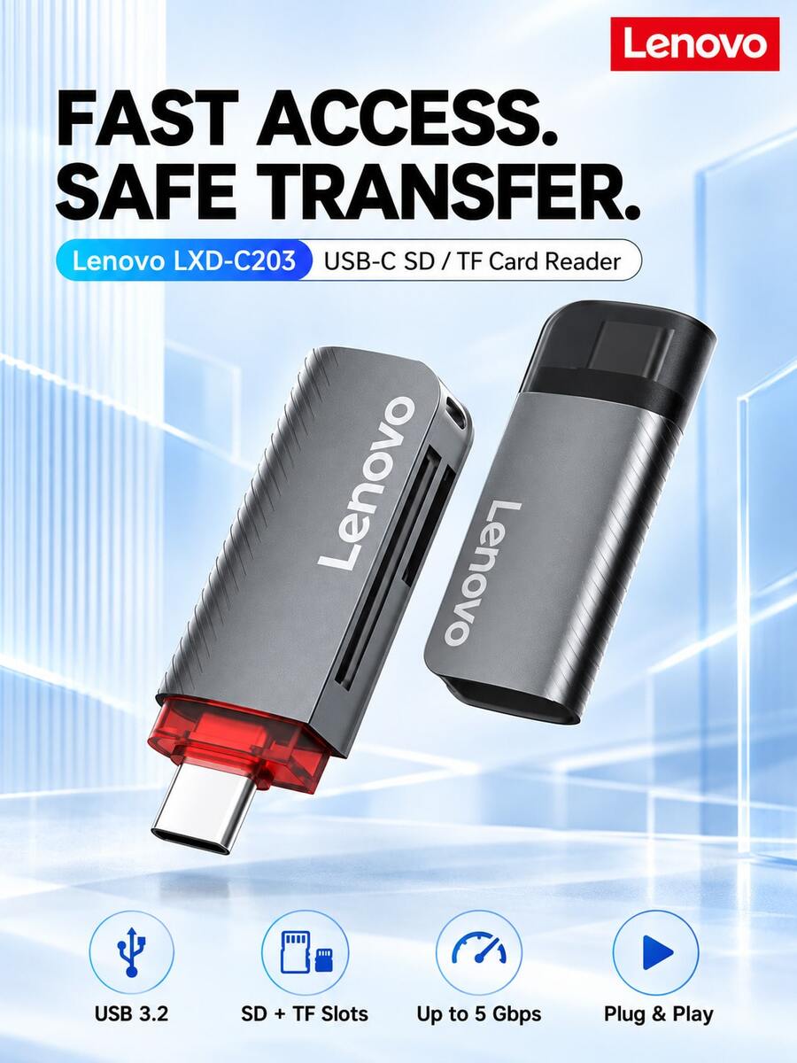 Lenovo 多功能 Type-C 手機讀卡器 C203 USB3.2 高速 TF 記憶卡轉換器 灰色 手機電腦兩用儲存卡讀取器 - 查看 1