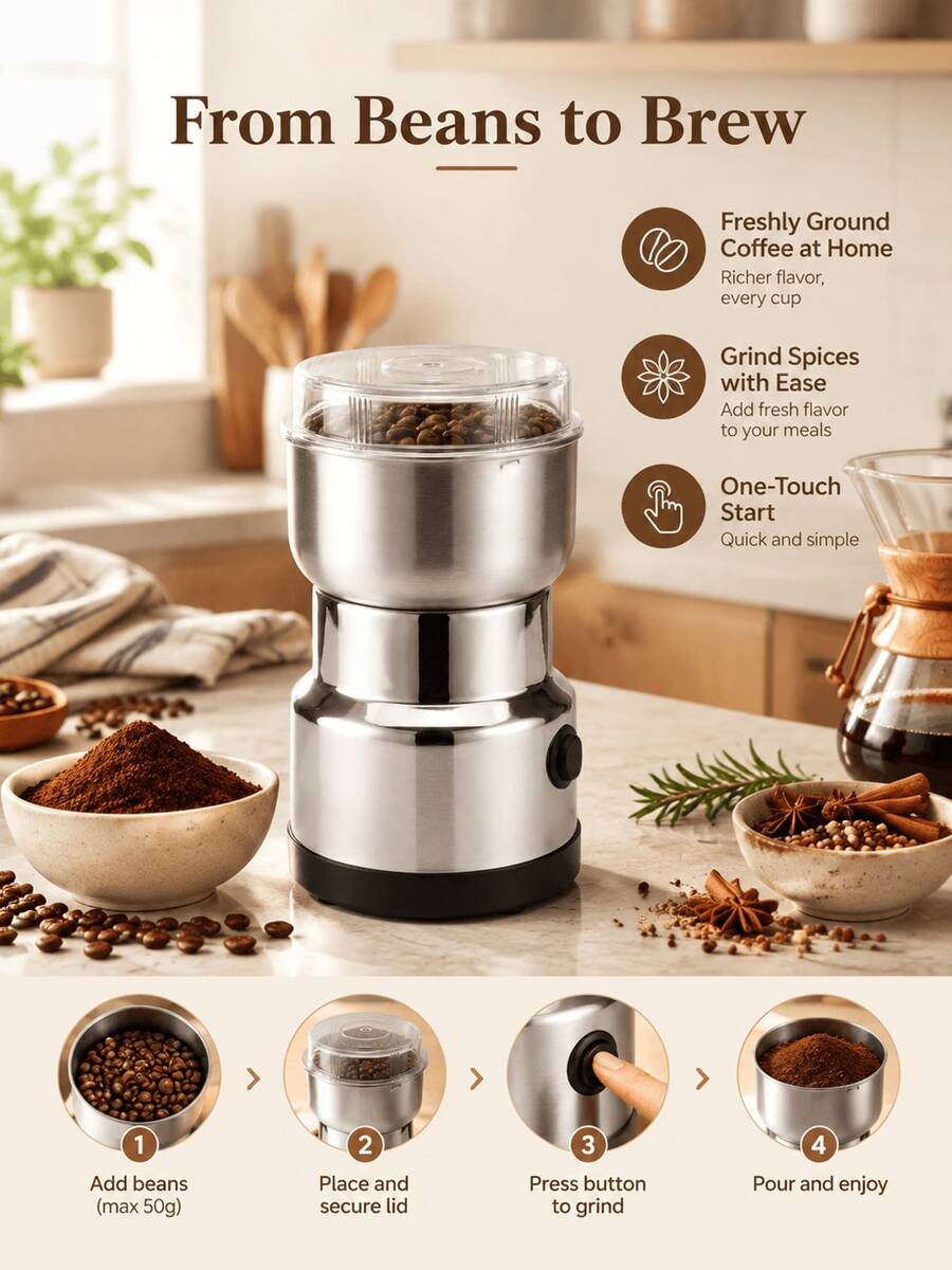 SMEGGEMS 200W High Power Stainless Steel Coffee Bean Grinder, Plug-In Use, Compact Design, One-Touch Start, Suitable For Home Kitchen - Silver - View 1