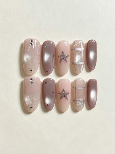 10pcs Handmade Press-On Nails, Medium Almond Shape, Autumn/Winter Grey Pink Cat Eye Silver Glitter Plaid 3D Star Rhinestone Fake Nails, Warm Minimalist Elegant Women's Daily Manicure