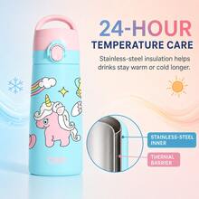 QWE 480ml 316 Stainless Steel Insulated Straw Cup With Silicone Straw, Cartoon Design, Portable Water Bottle For Kindergarten And Primary School Students - Cadet Blue - View 4