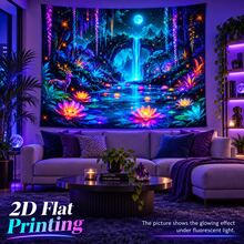 2D Flat Pattern, 1pc, Dreamy Wonderland Tapestry, Vibrant Colors, Fluorescent Stone Arch, Waterfall, Full Moon Pattern, Glows Under Fluorescent Light, Wall Decoration Backdrop, Party Decor - Multicolor - View 2