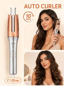 25mm Automatic Curling Iron, One-Touch Operation Dual-Directional Rotating Hair Curler, Fast Heating, 3 Temperature Settings, Anti-Scald Anti-Tangle Rotating Curling Wand, Dual Voltage Travel Hair Styling Tool For Women - Silver - View 14