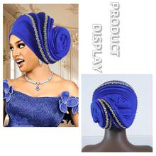 1pc Women Pre-Made Auto Gele Turban Hat, Nigerian Pleated Headtie With Rhinestone Trim, African Flower Bud Head Wrap For Wedding Party Ceremony - A - View 4