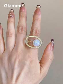 1 buah Cincin Emas Mewah Berbentuk Oval Berongga dengan Mutiara Terbuka, Desain Modis dan Unik, Cincin Jari yang Elegan - Emas - View 3