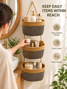 Woven Hanging Storage Basket, Decorative Door Hanging Storage Basket, Detachable Decorative Storage Basket, Space-Saving Cosmetic Storage Basket, Suitable For Kitchen, Bedroom, Bathroom, Plants And Small Items Storage - Multicolor - View 4