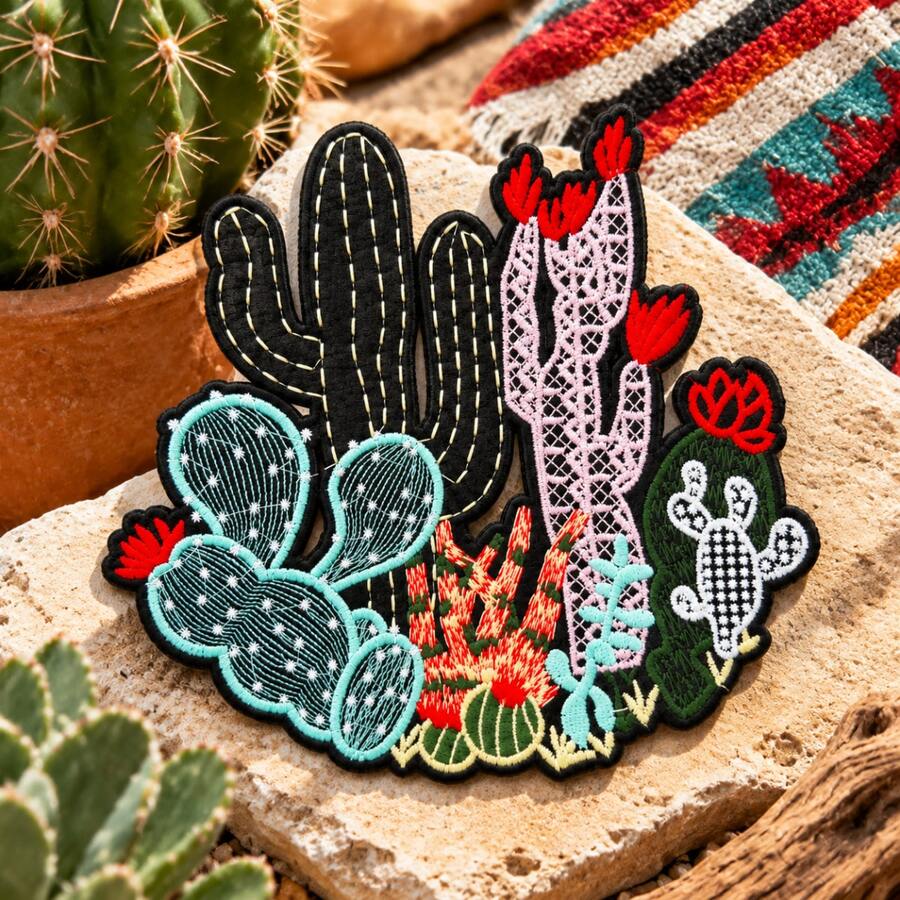 1pc Boho Desert Cactus Iron On Embroidered Patch, Western Floral Cactus Decor For Clothes Backpack - Multicolor - View 1