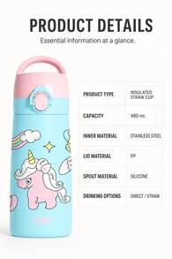 QWE 480ml 316 Stainless Steel Insulated Straw Cup With Silicone Straw, Cartoon Design, Portable Water Bottle For Kindergarten And Primary School Students - Cadet Blue - View 11