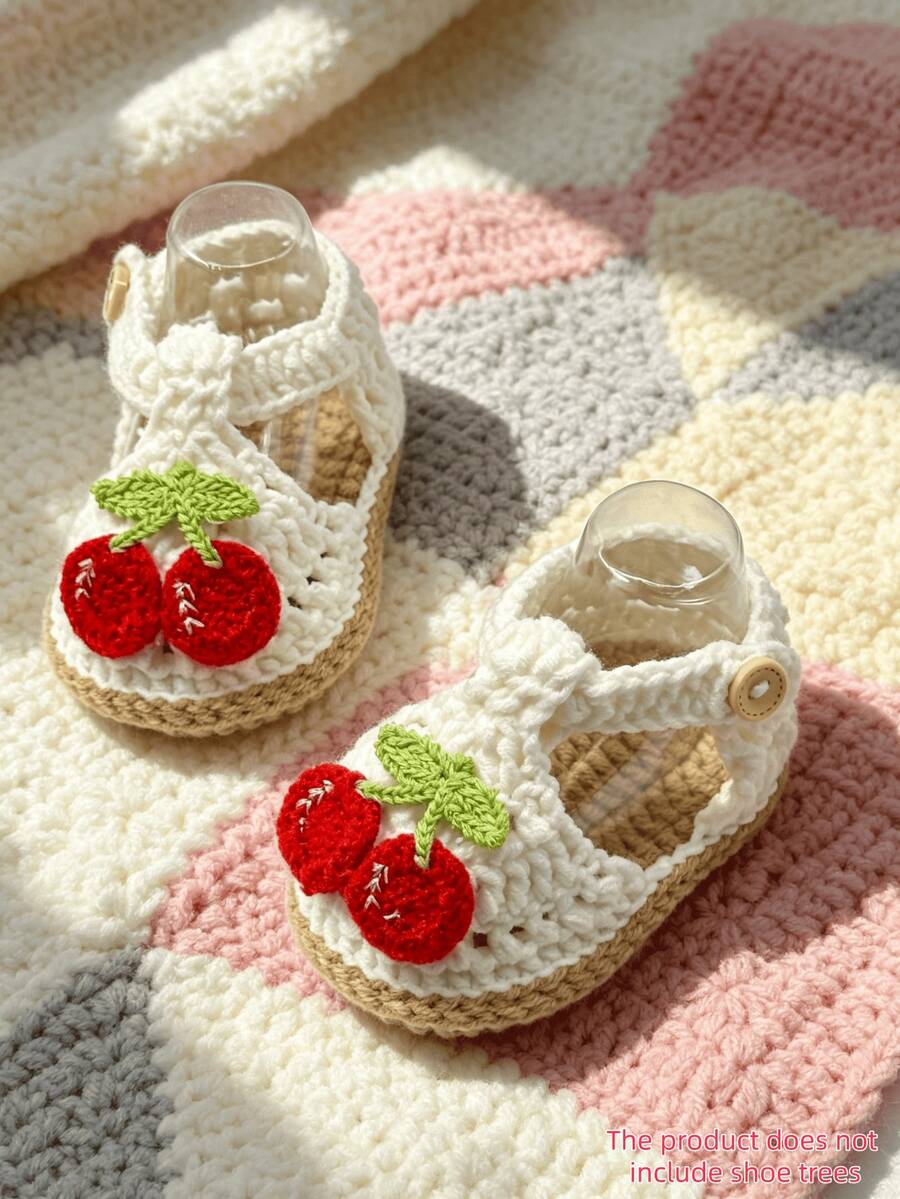 1 Pair Handmade Crochet Infant Sandals With Cherry Applique, White And Beige, Infant Girl Boots - White - View 1