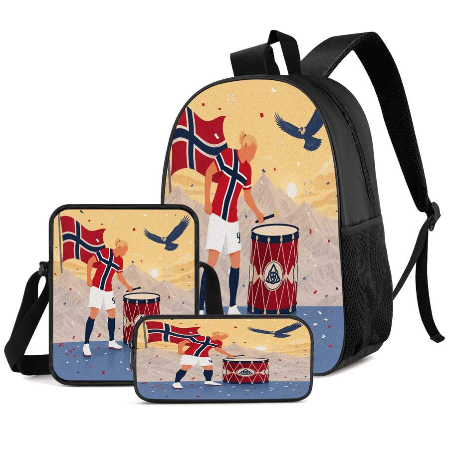 Football Player No. 9 2D Print 3 Pieces Set, Side Elastic Mesh Pocket Water Bottle Holder, Wide & Thick Breathable Adjustable Shoulder Strap, Nordic Fan Sports Style Commuter Travel Daily Storage Bag - Printed Bag - View 1