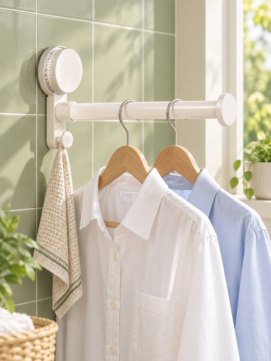 2/1pc Balcony Clothes Rack Storage Organizer, Drill-Free Multi-Function Hooks, Telescopic Clothes Rack And Storage Rack, Home Multi-Function Wall-Mounted Telescopic Drying Rack With Suction Cups, No-Trace, Suitable For Home Balcony