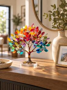 1pc 10.2 Inch Colorful Tree Of Life Decor, Acrylic Flat Translucent Leaf Sculpture With Transparent Oval Base, Waterproof Scratch-Resistant Desktop Ornament, Living Room Home Decor Light Catcher, Bedroom, Office Desk, Autumn Decoration And Housewarming Gift - Multiple Styles - View 3