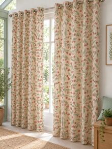2PCS Sage Green Leaf & Rust Floral Print Faux Linen Sheer Grommet Curtains, Light Filtering Window Panels, Fresh Home Decor For Bedroom Living Room, 52"W X 84"L - Multicolor 3 - View 1