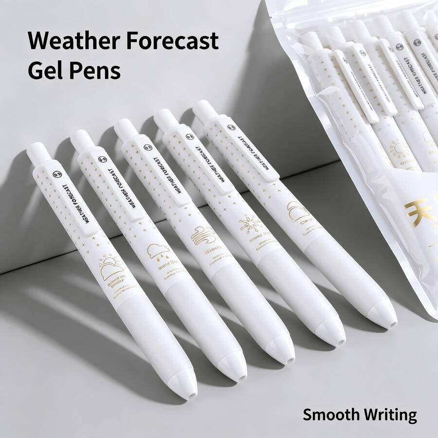 6pcs Weather Forecast Retractable Gel Pens, 6 Styles, 0.5mm Black Ink. Smooth Writing For Office, Study, And Daily Use. - Multi-color - View 1