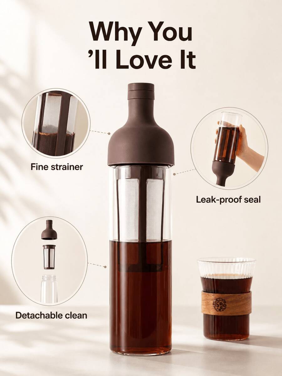 SMEGGEMS Pembuat Kopi Seduh Dingin Kapasitas Besar 1000ml - Teko Seduh Kaca Borosilikat Tinggi, Cocok untuk Rumah, Luar Ruangan, Kantor. Teko Seduh Dingin Multifungsi, Dapat Digunakan untuk Kopi dan Teh Buah - Coklat - View 1