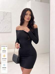 SUNSTORY Women's Autumn Black Off-Shoulder Lace Trim Long Sleeve Fitted Bodycon Mini Dress, Elegant Style, Suitable For Party, Club, Disco, Birthday Outfits - Black - View 2