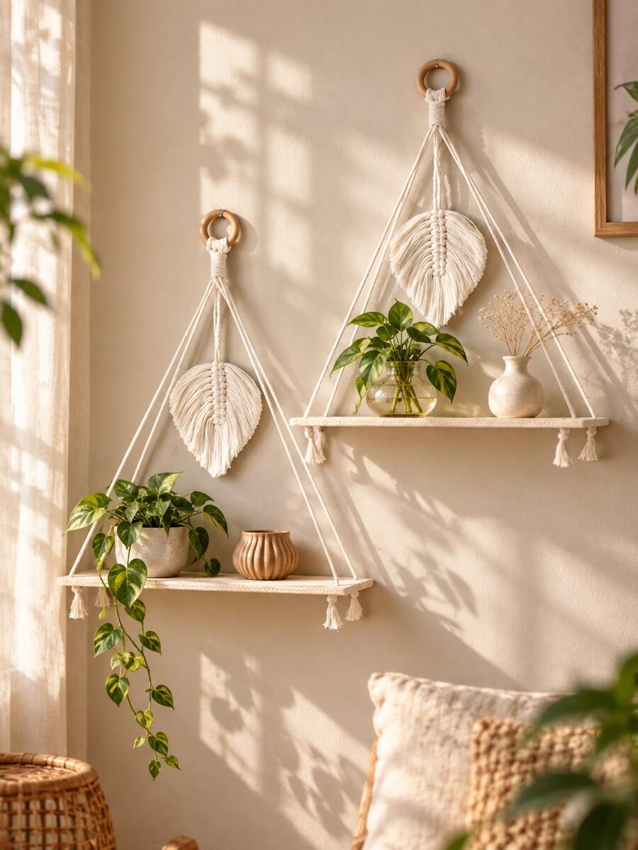 1pc/2pcs Bohemian Style Macrame Hanging Shelf, Macrame Leaf Tassel Floating Shelf, Bohemian Wall Decor Rope Shelf, Handmade Woven Macrame Wall Hanging Shelf, Minimalist Boho Floating Shelf, MacFrame Plant Hanging Shelf - Multicolor - View 1