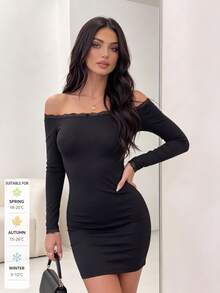 SUNSTORY Women's Autumn Black Off-Shoulder Lace Trim Long Sleeve Fitted Bodycon Mini Dress, Elegant Style, Suitable For Party, Club, Disco, Birthday Outfits - Black - View 3