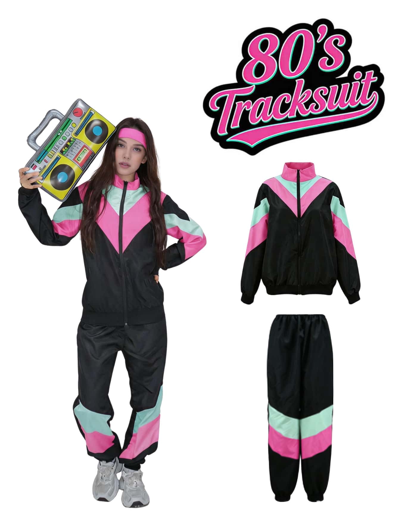 80s Retro Women's Tracksuit - Neon Pink And Mint Green Color Block Jacket And Pants, Suitable For Hip Hop Disco Theme Parties And Carnivals Fall - Multicolor - View 1