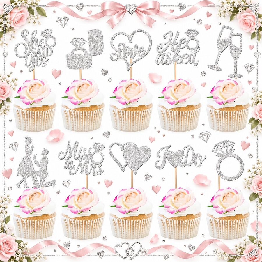 10/20PCS Silver Wedding Cupcake Toppers, Glitter Engagement Cake Picks With She Said Yes Ring Love He Asked I Do Designs, Bridal Shower Party Dessert Table Decorations - Silver - View 1