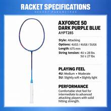 Raqueta de bádminton Li-Ning AXFORCE 50 (4U) Serie - Raqueta individual ofensiva, material de fibra de carbono, peso 80-85g, tensión máxima de encordado: 28 libras, modelo: AYPT285 - Azul morado oscuro - Ver 7