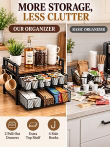 1pc Double-Layer Coffee Station Storage Rack With Detachable Hooks And Divided Mesh Drawer, Multi-Functional Countertop Organizer For Coffee Pods, Tea Bags, Bar Tools And Pantry Snacks, Space-Saving Home Kitchen Coffee Bar Accessory - Multicolor - View 2